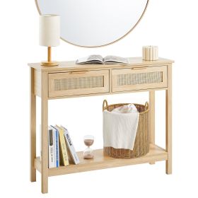 VEVOR Rattan Console Table with 2 Storage Drawers, Rattan Entryway Table with Natural Rattan Sliding Door, Console Sofa Table for Living Room, St